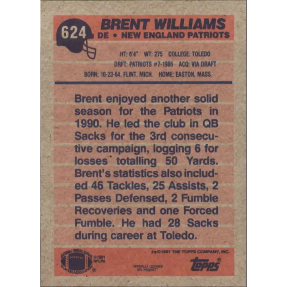 1991 Topps #624 Brent Williams NM-MT New England Patriots Football Card Image 2