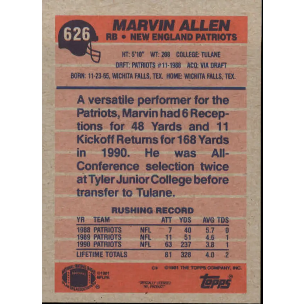 1991 Topps #626 Marvin Allen NM-MT New England Patriots Football Card Image 2