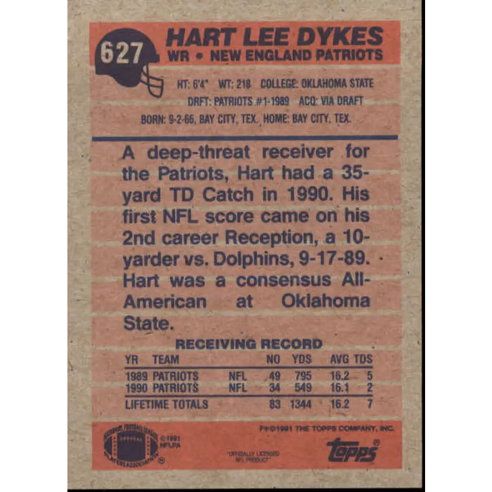1991 Topps #627 Hart Lee Dykes NM-MT New England Patriots Football Card Image 2