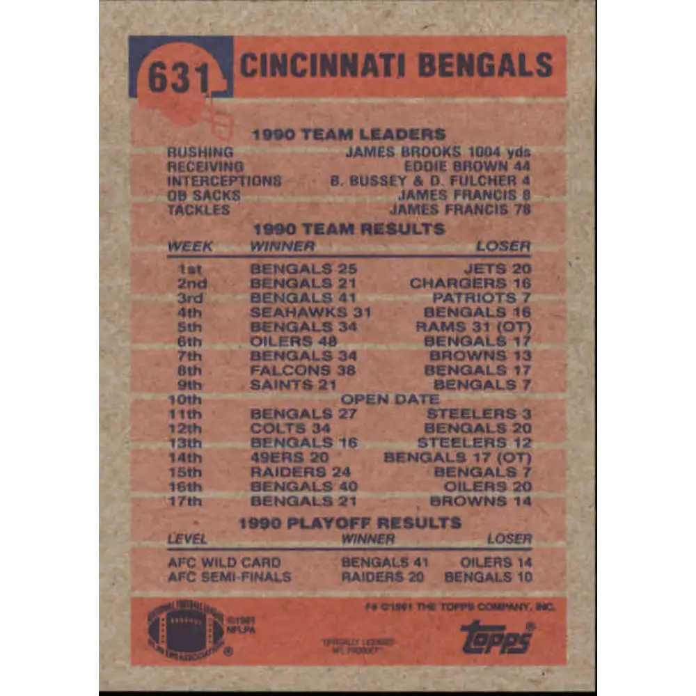 1991 Topps #631 Stanford Jennings NM-MT Cincinnati Bengals Football Card Image 2