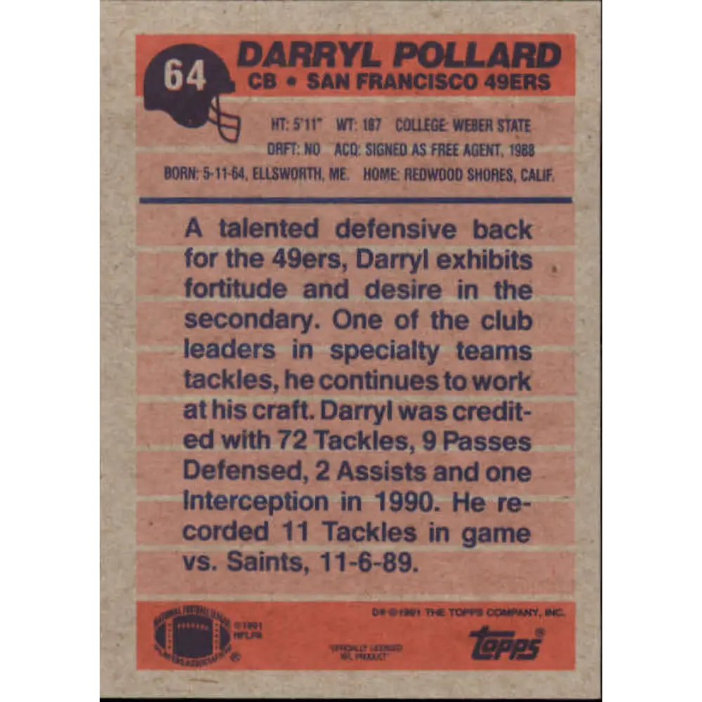 1991 Topps #64 Darryl Pollard NM-MT San Francisco 49ers Football Card Image 2