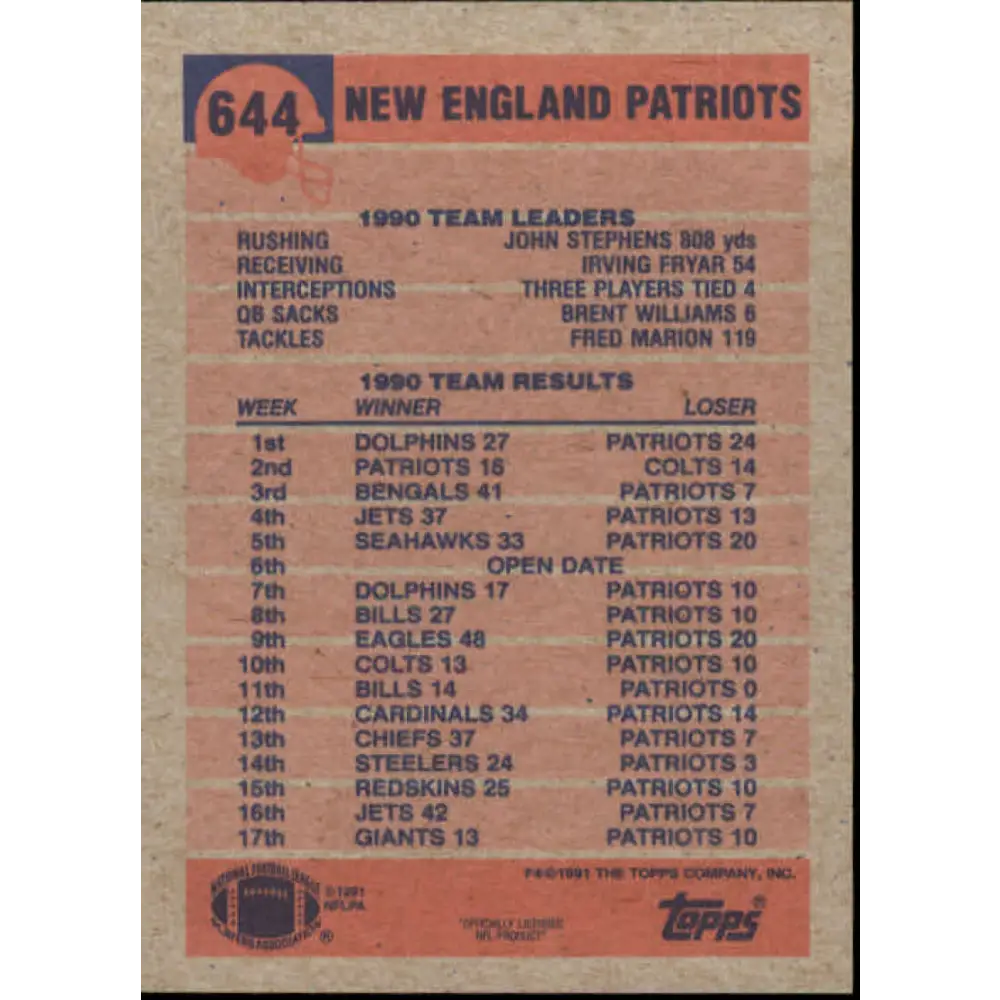 1991 Topps #644 John Stephens NM-MT New England Patriots Football Card Image 2