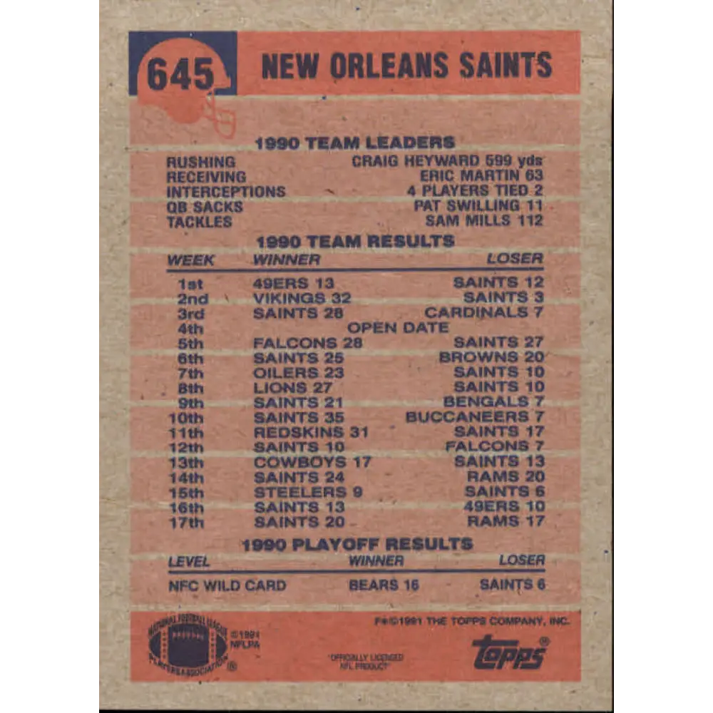 1991 Topps #645 Gill Fenerty NM-MT New Orleans Saints Football Card Image 2