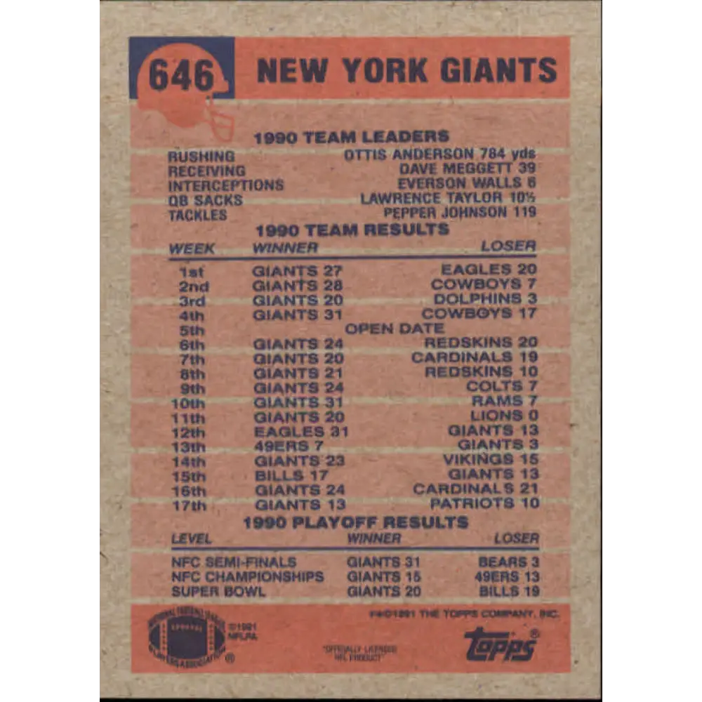 1991 Topps #646 Maurice Carthon NM-MT New York Giants Football Card Image 2