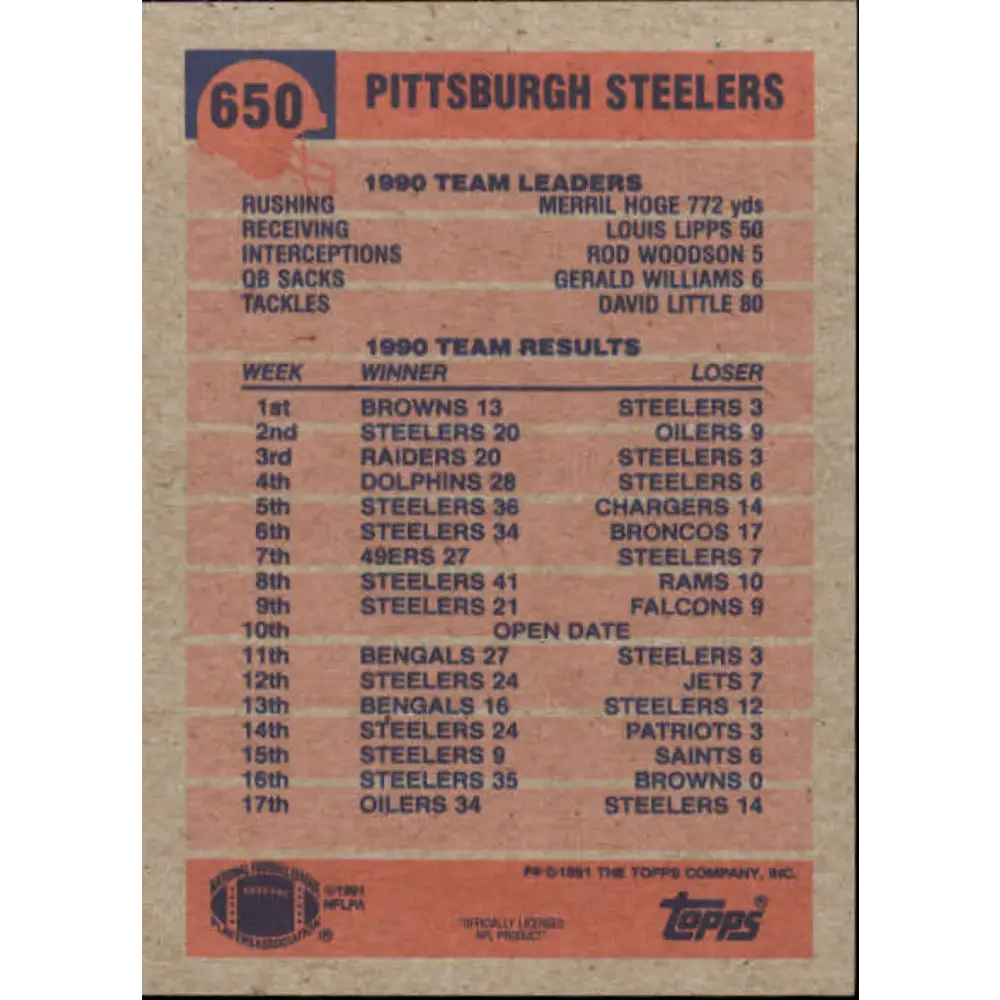 1991 Topps #650 Bubby Brister NM-MT Pittsburgh Steelers Football Card Image 2