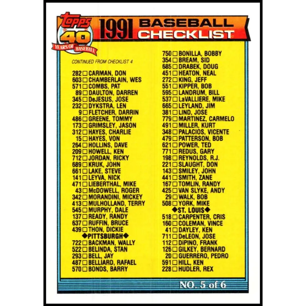 1991 Topps #656 Checklist #5 NM-MT Checklist Baseball Card Image 1