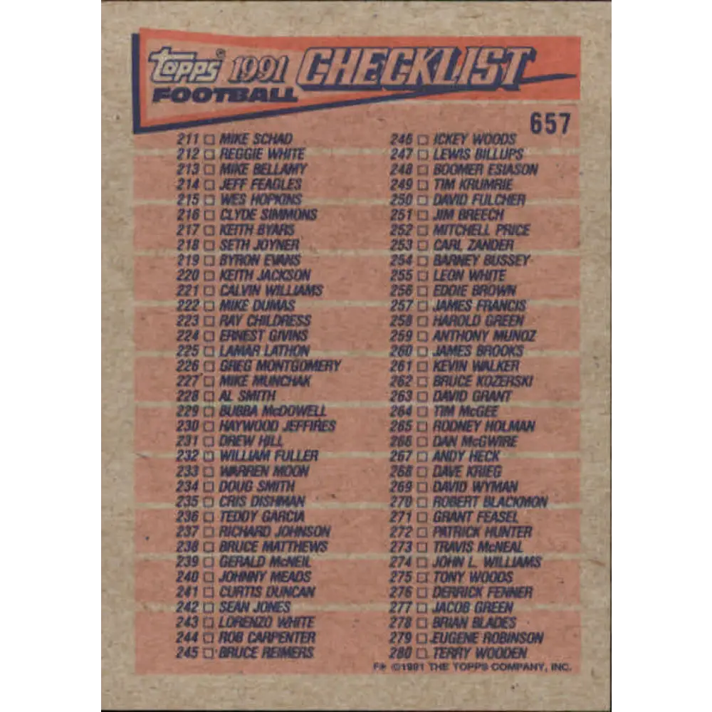 1991 Topps #657 Checklist 141-280 NM-MT Football Card Image 2