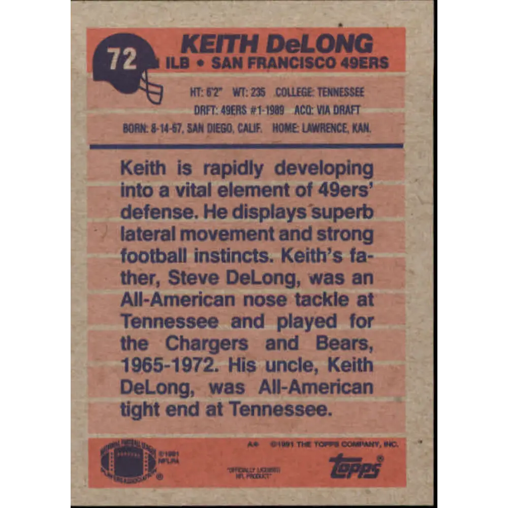 1991 Topps #72 Keith DeLong NM-MT San Francisco 49ers Football Card Image 2