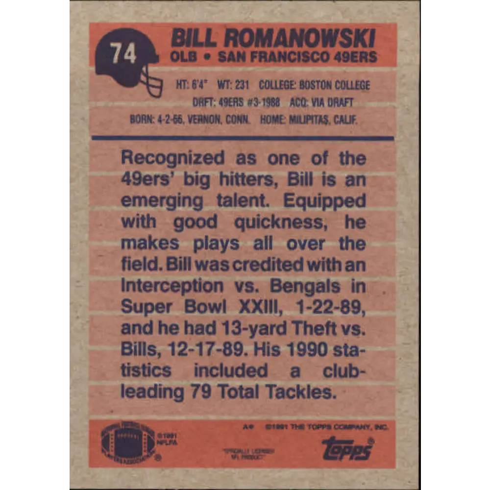 1991 Topps #74 Bill Romanowski NM-MT San Francisco 49ers Football Card Image 2