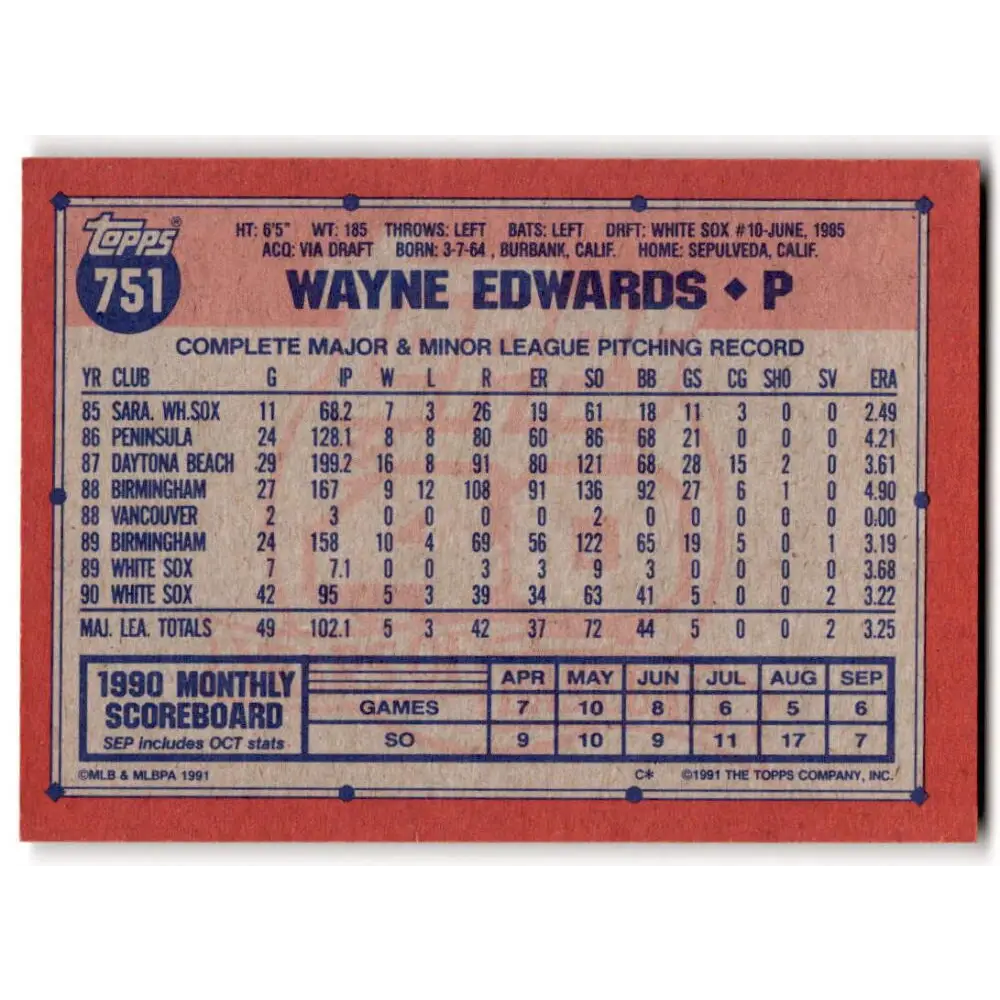 1991 Topps #751 Wayne Edwards NM-MT Chicago White Sox Baseball Card Image 2