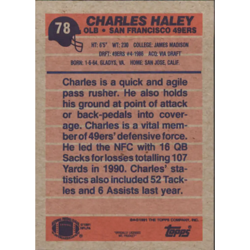 1991 Topps #78 Charles Haley NM-MT San Francisco 49ers Football Card Image 2