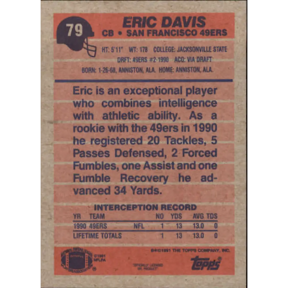 1991 Topps #79 Eric Davis NM-MT San Francisco 49ers Football Card Image 2