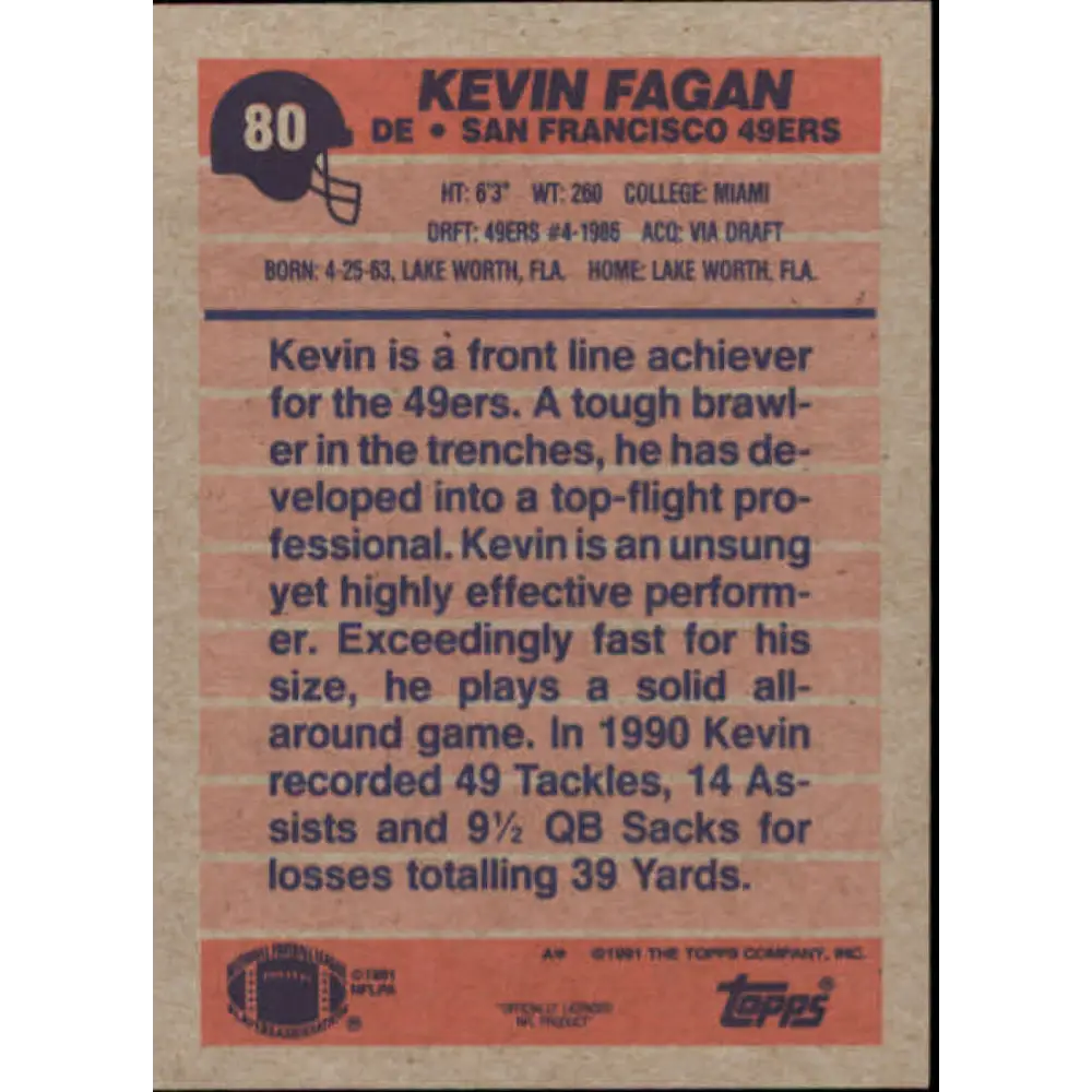 1991 Topps #80 Kevin Fagan NM-MT San Francisco 49ers Football Card Image 2
