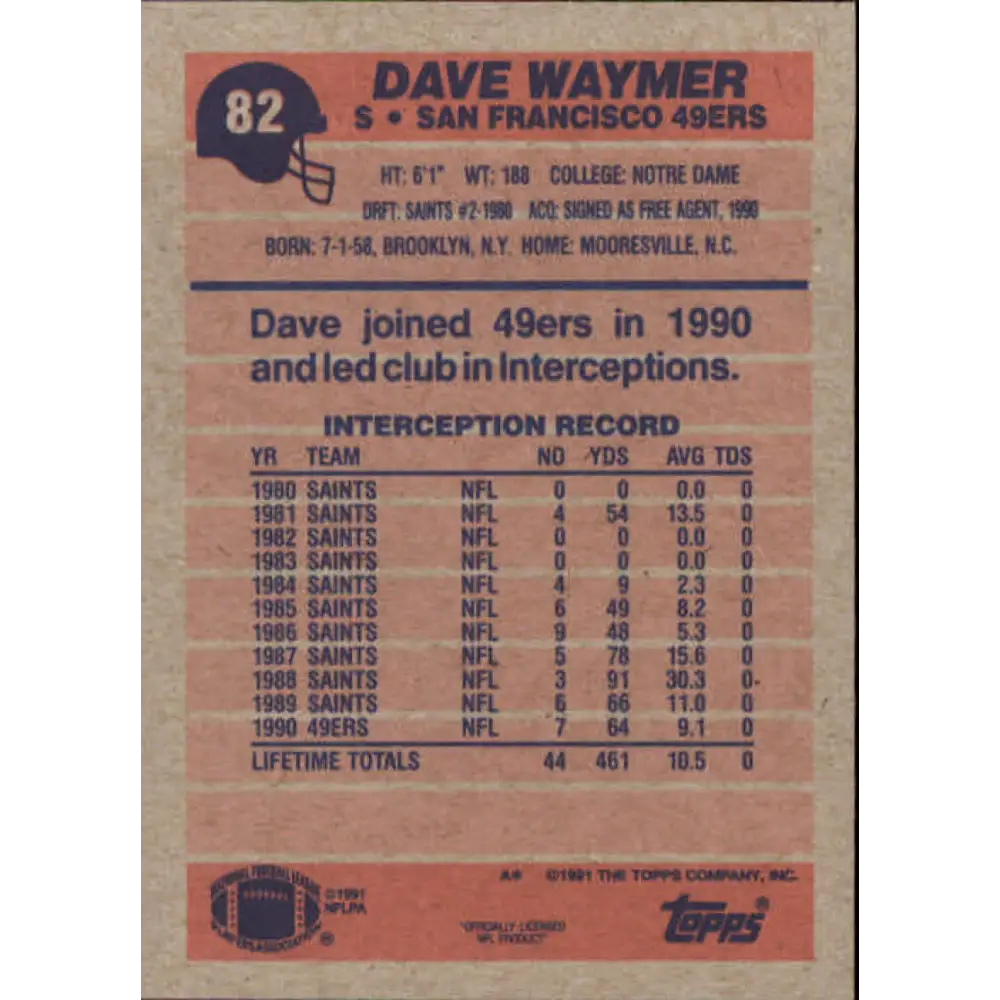 1991 Topps #82 Dave Waymer NM-MT San Francisco 49ers Football Card Image 2