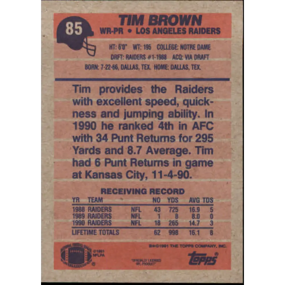 1991 Topps #85 Tim Brown NM-MT Los Angeles Raiders Football Card Image 2