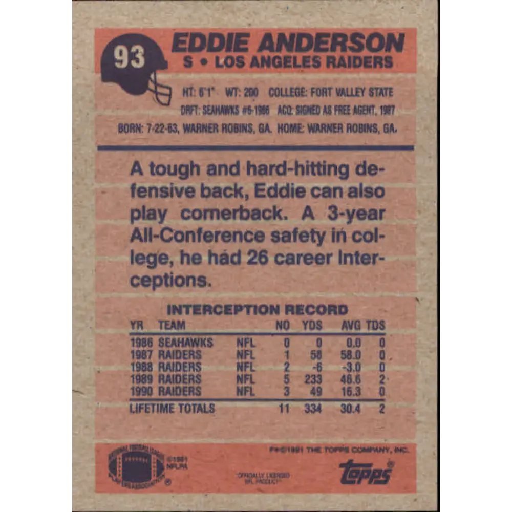 1991 Topps #93 Eddie Anderson NM-MT Los Angeles Raiders Football Card Image 2