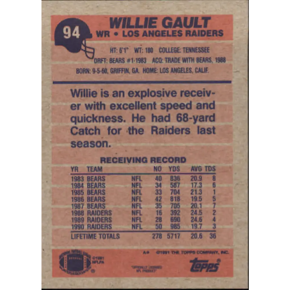 1991 Topps #94 Willie Gault NM-MT Los Angeles Raiders Football Card Image 2