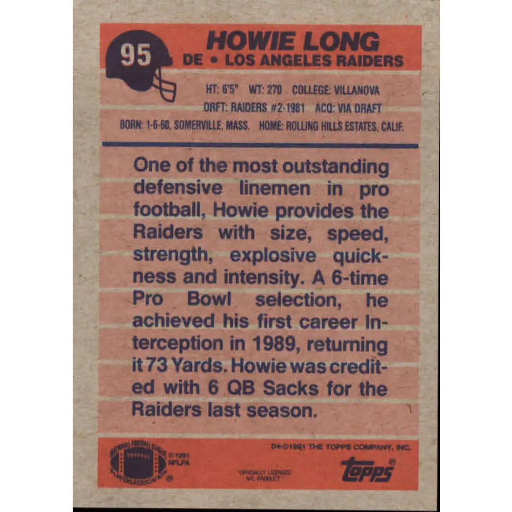 1991 Topps #95 Howie Long NM-MT Los Angeles Raiders Football Card Image 2