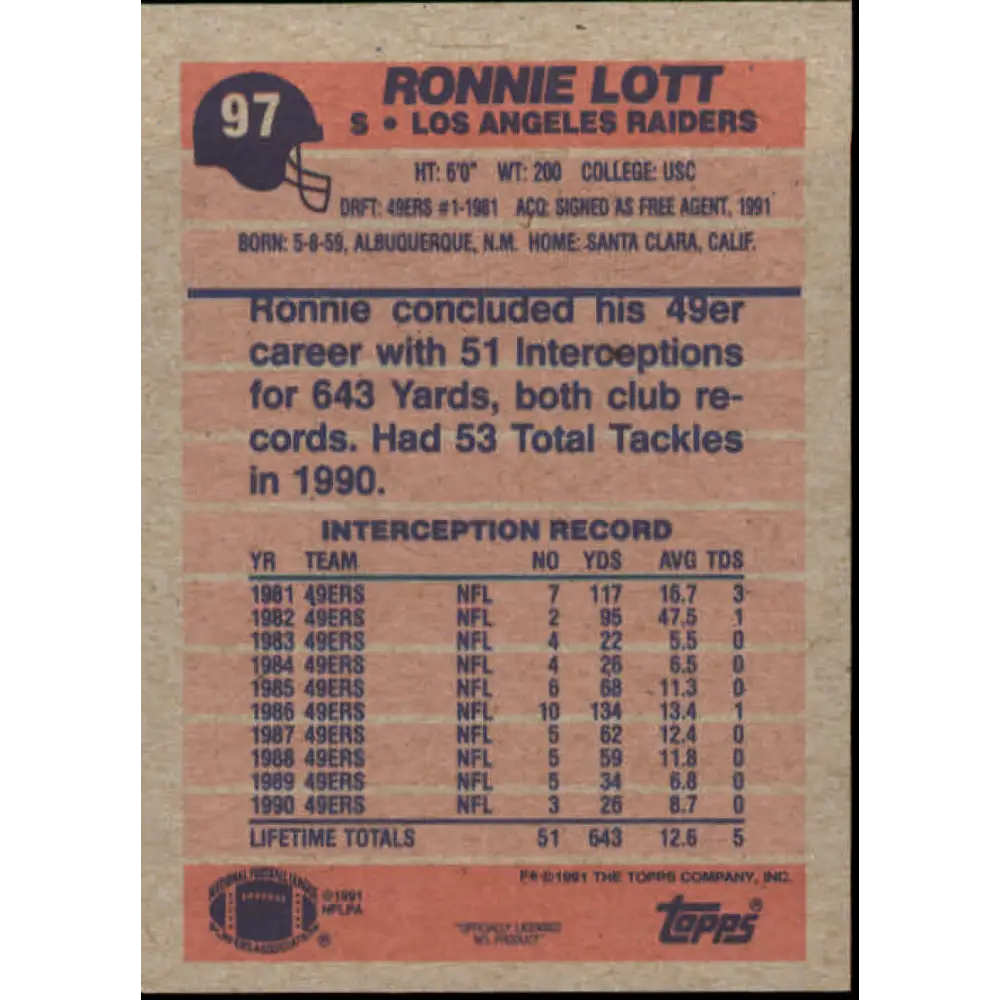 1991 Topps #97 Ronnie Lott NM-MT Los Angeles Raiders Football Card Image 2