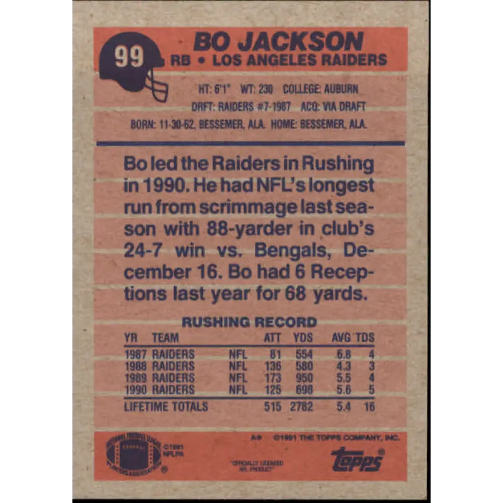 1991 Topps #99 Bo Jackson NM-MT Los Angeles Raiders Football Card Image 2