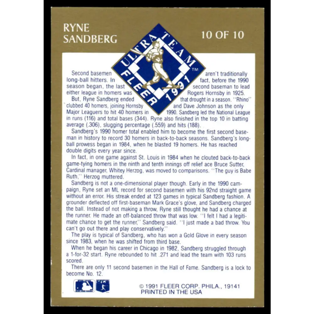 1991 Ultra #10 Ryne Sandberg EX Chicago Cubs Baseball Card Image 2