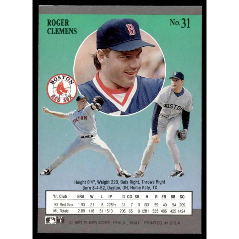 1991 Ultra #31 Roger Clemens EX/NM Boston Red Sox Baseball Card Image 2