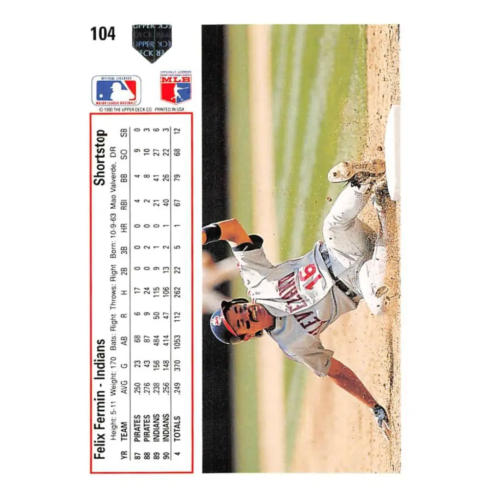 1991 Upper Deck #104 Felix Fermin EX Excellent Cleveland Indians Baseball Card Image 2