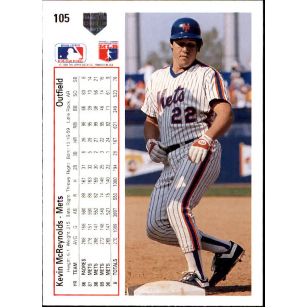 1991 Upper Deck #105 Kevin McReynolds EX Excellent New York Mets Baseball Card Image 2