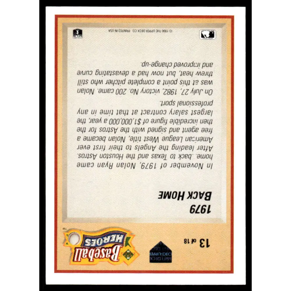 1991 Upper Deck #13 Nolan Ryan EX/NM Houston Astros Baseball Card Image 2