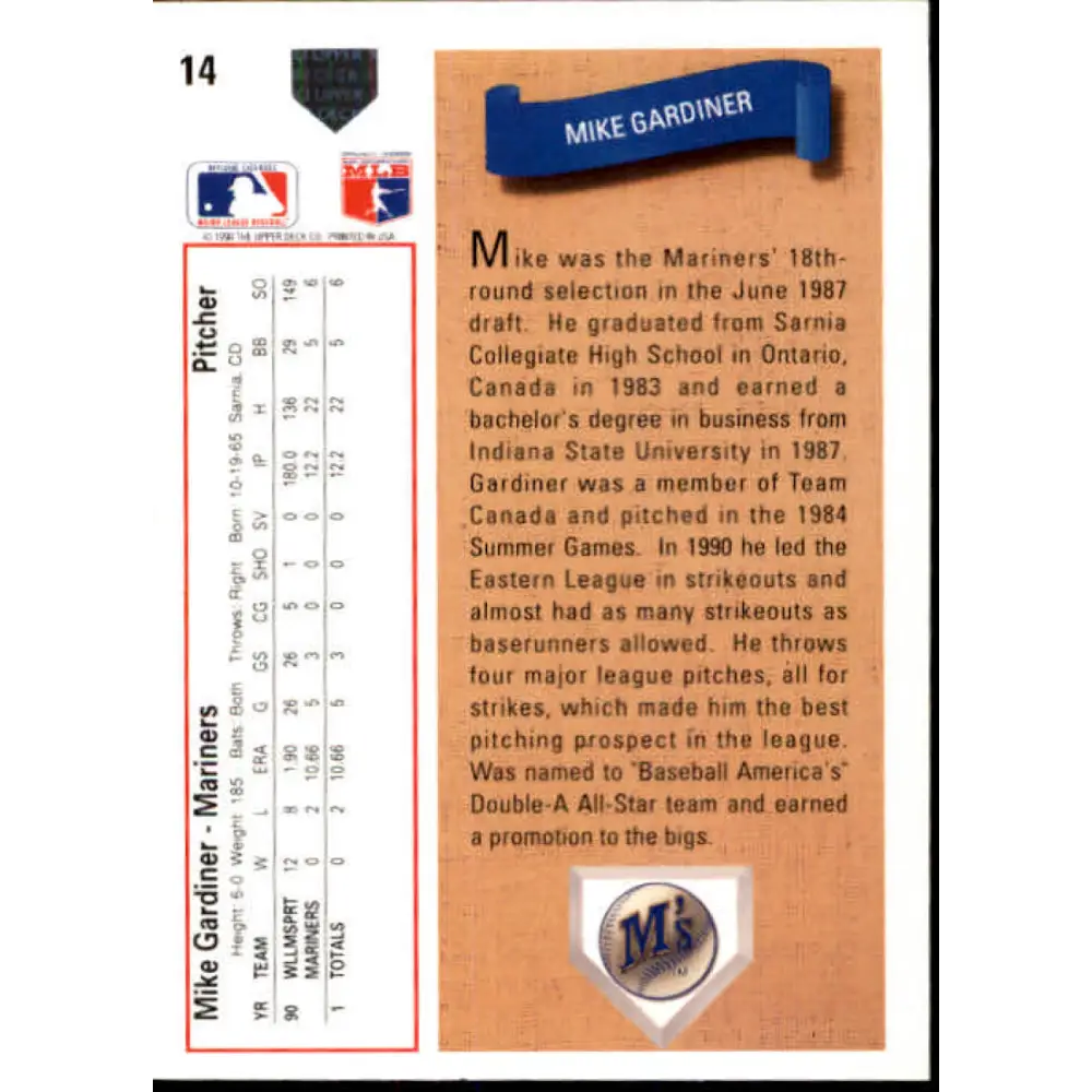 1991 Upper Deck #14 Mike Gardiner NM-MT RC Rookie Seattle Mariners Baseball Card Image 2