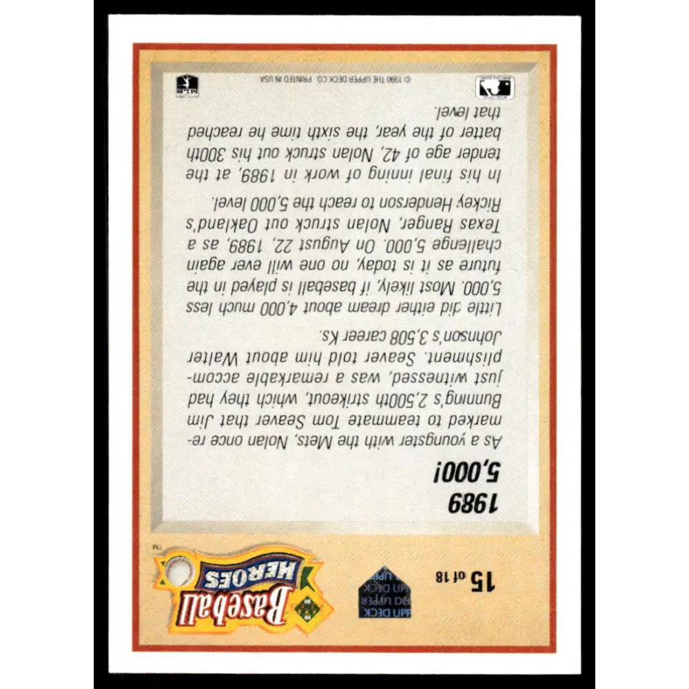 1991 Upper Deck #15 Nolan Ryan EX/NM Texas Rangers Baseball Card Image 2