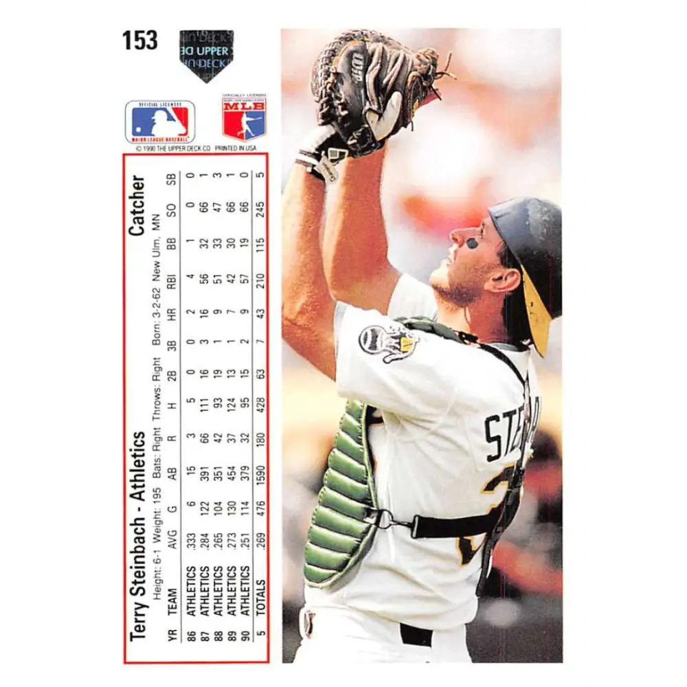 1991 Upper Deck #153 Terry Steinbach EX Excellent Oakland Athletics Baseball Card Image 2