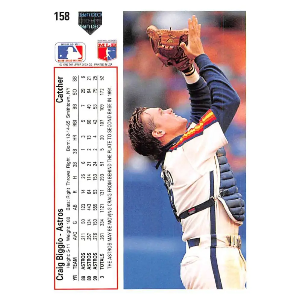 1991 Upper Deck #158 Craig Biggio EX Excellent Houston Astros Baseball Card Image 2
