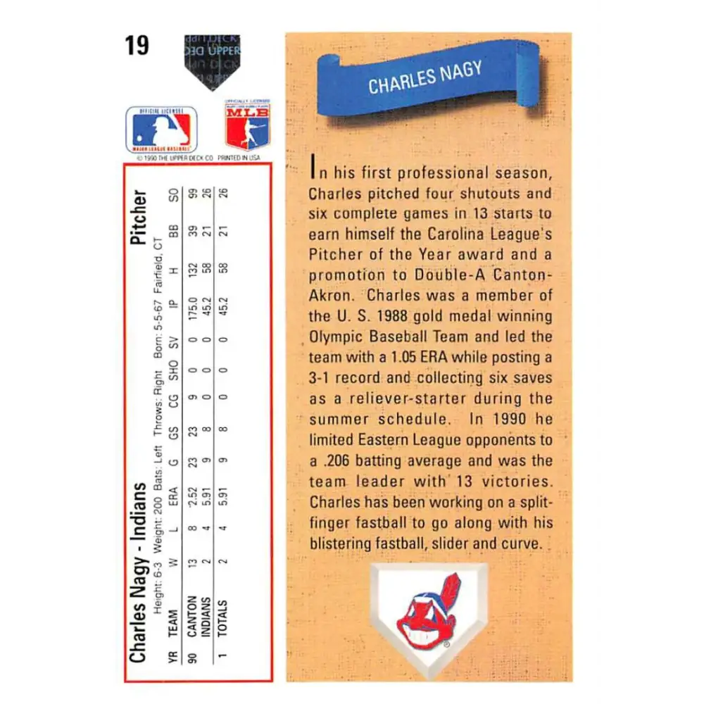 1991 Upper Deck #19 Charles Nagy EX Excellent Cleveland Indians Baseball Card Image 2