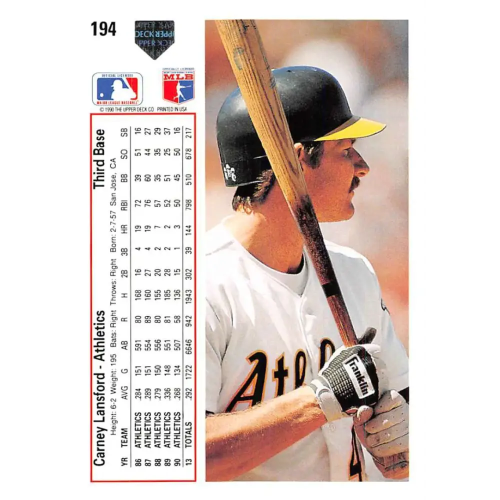 1991 Upper Deck #194 Carney Lansford EX Excellent Oakland Athletics Baseball Card Image 2
