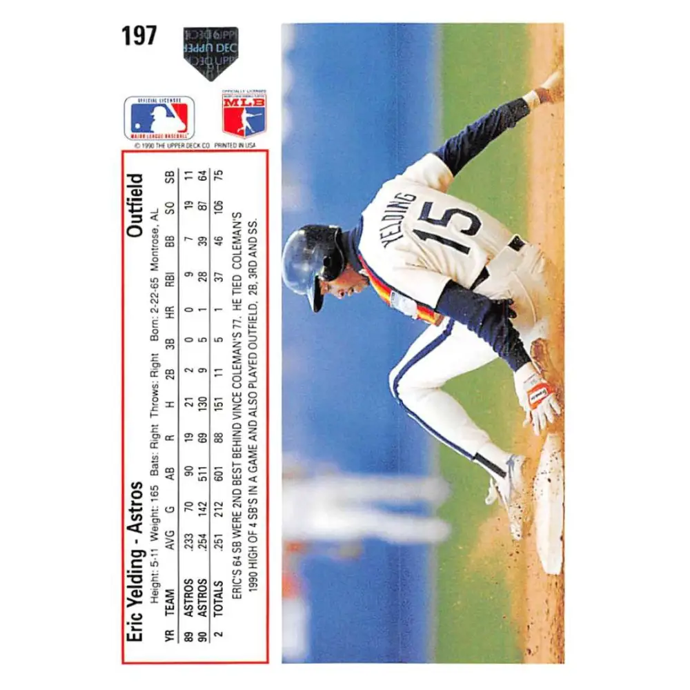 1991 Upper Deck #197 Eric Yelding EX Excellent Houston Astros Baseball Card Image 2