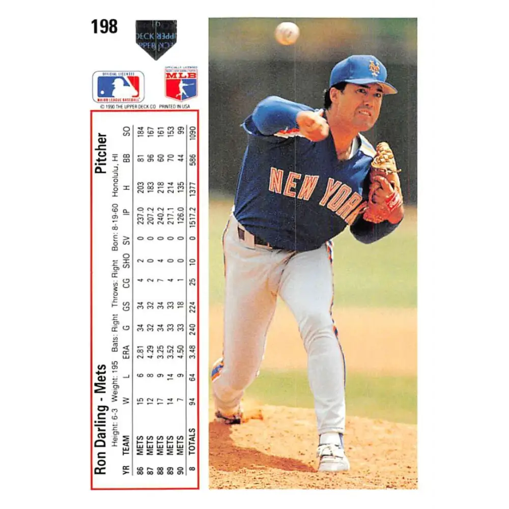 1991 Upper Deck #198 Ron Darling EX Excellent New York Mets Baseball Card Image 2