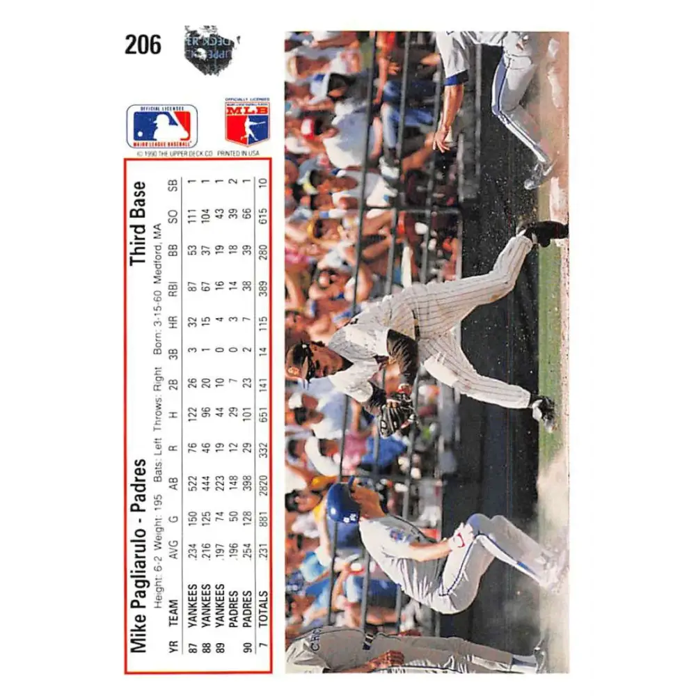 1991 Upper Deck #206 Mike Pagliarulo EX Excellent San Diego Padres Baseball Card Image 2