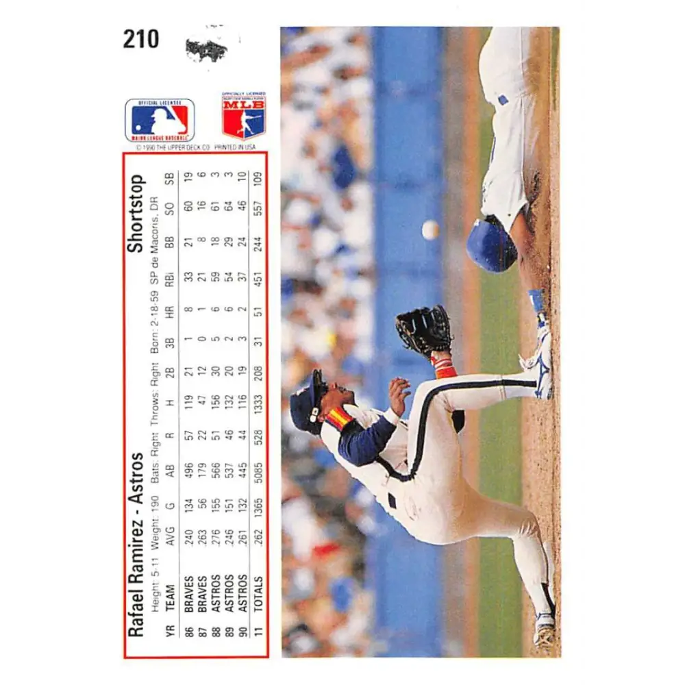 1991 Upper Deck #210 Rafael Ramirez EX Excellent Houston Astros Baseball Card Image 2