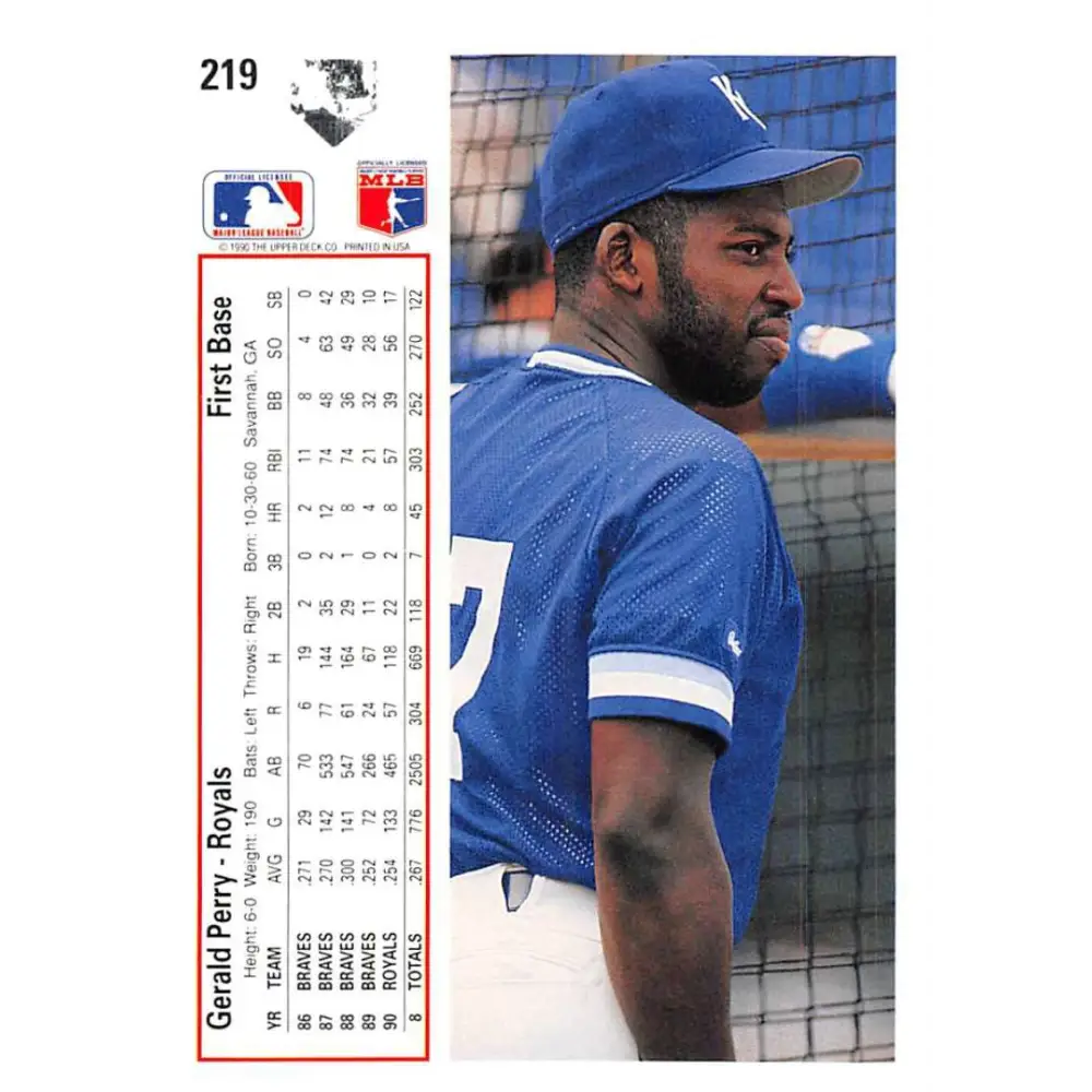 1991 Upper Deck #219 Gerald Perry EX Excellent Kansas City Royals Baseball Card Image 2