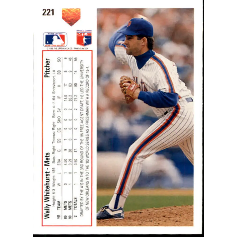 1991 Upper Deck #221 Wally Whitehurst EX Excellent New York Mets Baseball Card Image 2