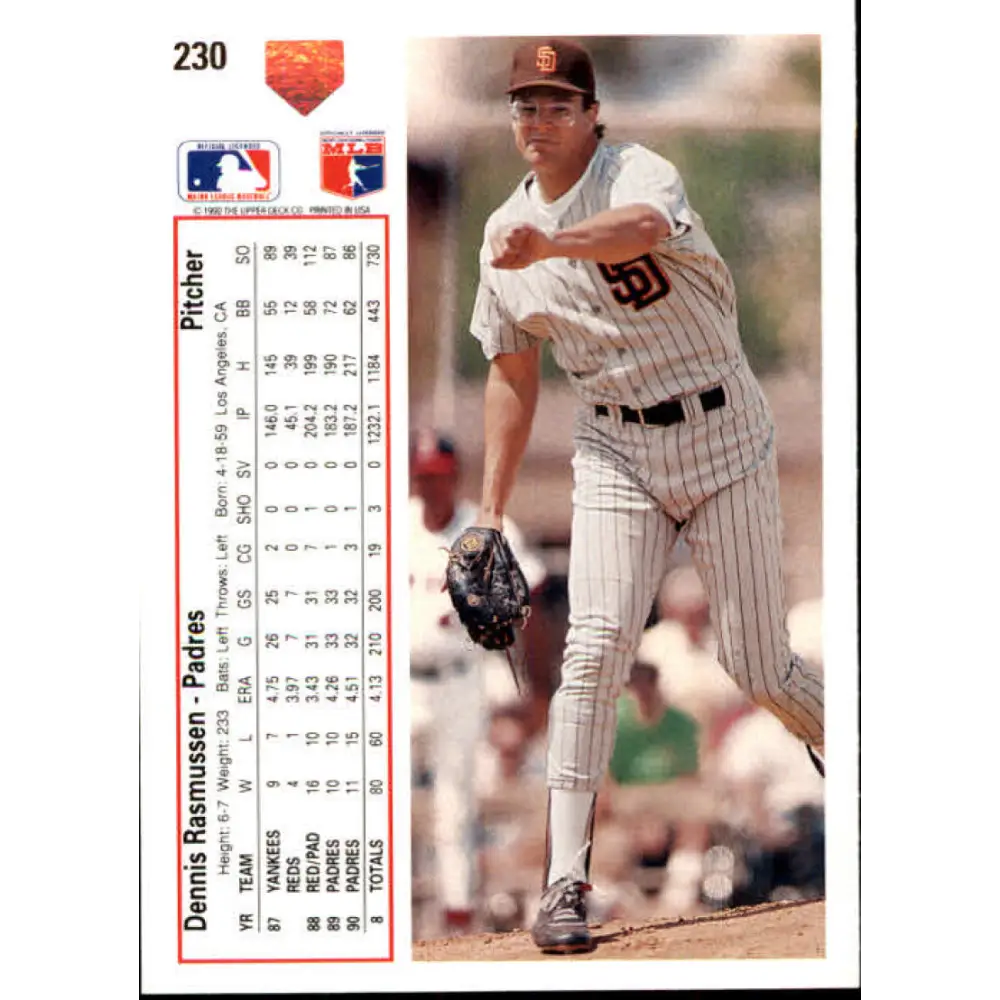 1991 Upper Deck #230 Dennis Rasmussen EX Excellent San Diego Padres Baseball Card Image 2