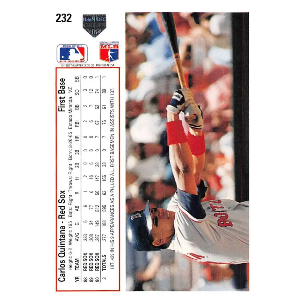 1991 Upper Deck #232 Carlos Quintana EX Excellent Boston Red Sox Baseball Card Image 2
