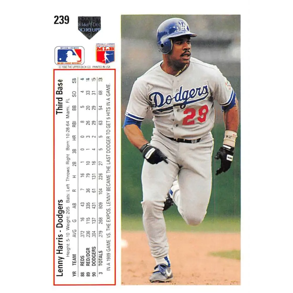 1991 Upper Deck #239 Lenny Harris EX Excellent Los Angeles Dodgers Baseball Card Image 2