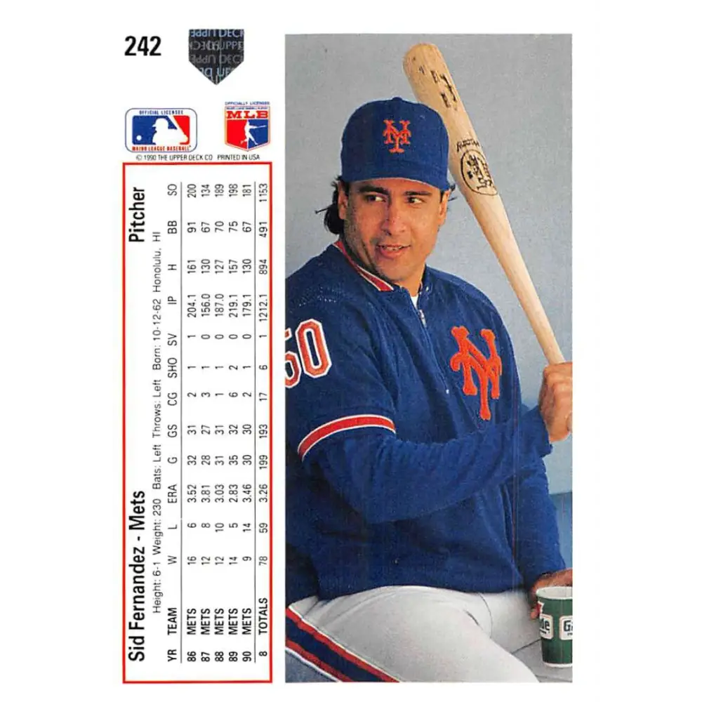 1991 Upper Deck #242 Sid Fernandez EX Excellent New York Mets Baseball Card Image 2