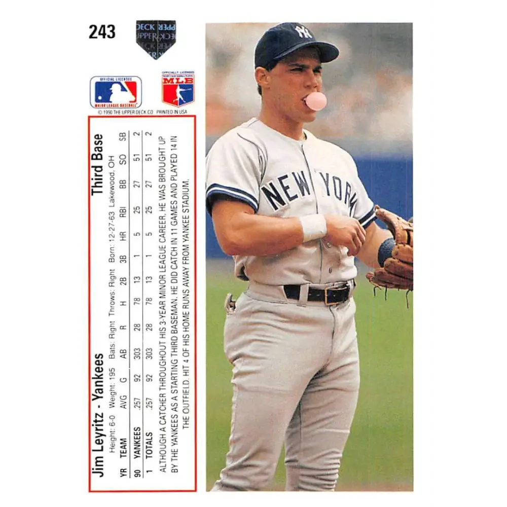 1991 Upper Deck #243 Jim Leyritz EX Excellent New York Yankees Baseball Card Image 2