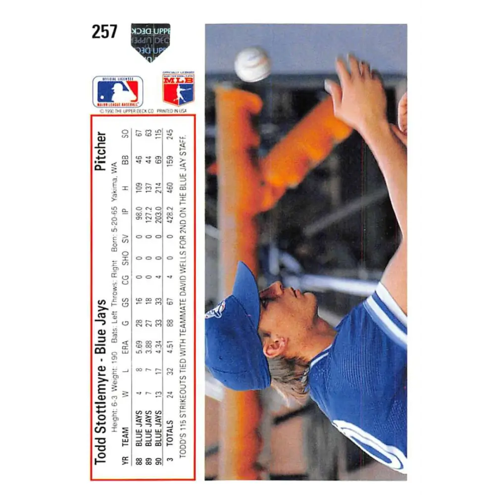 1991 Upper Deck #257 Todd Stottlemyre EX Excellent Toronto Blue Jays Baseball Card Image 2