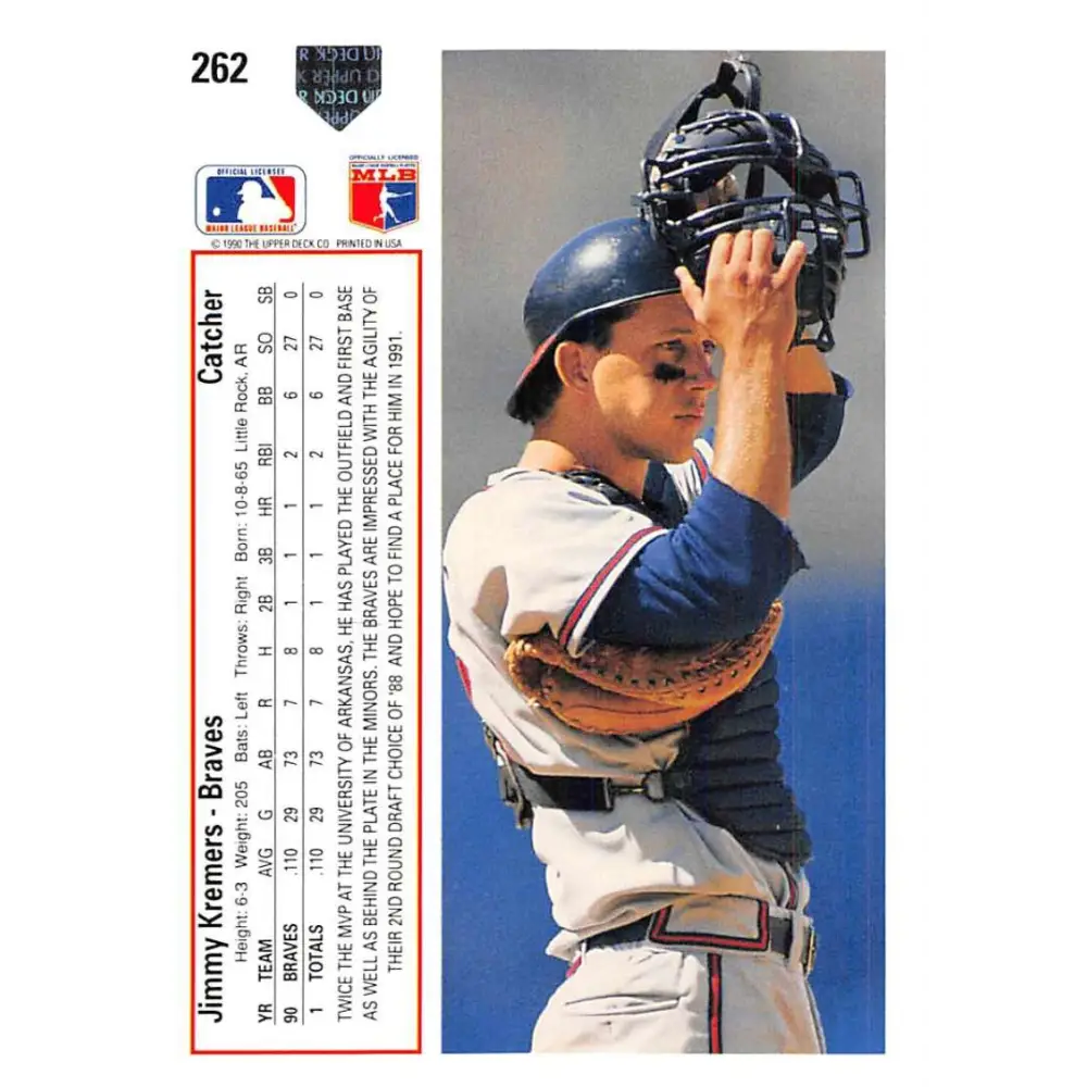 1991 Upper Deck #262 Jimmy Kremers EX Excellent Atlanta Braves Baseball Card Image 2