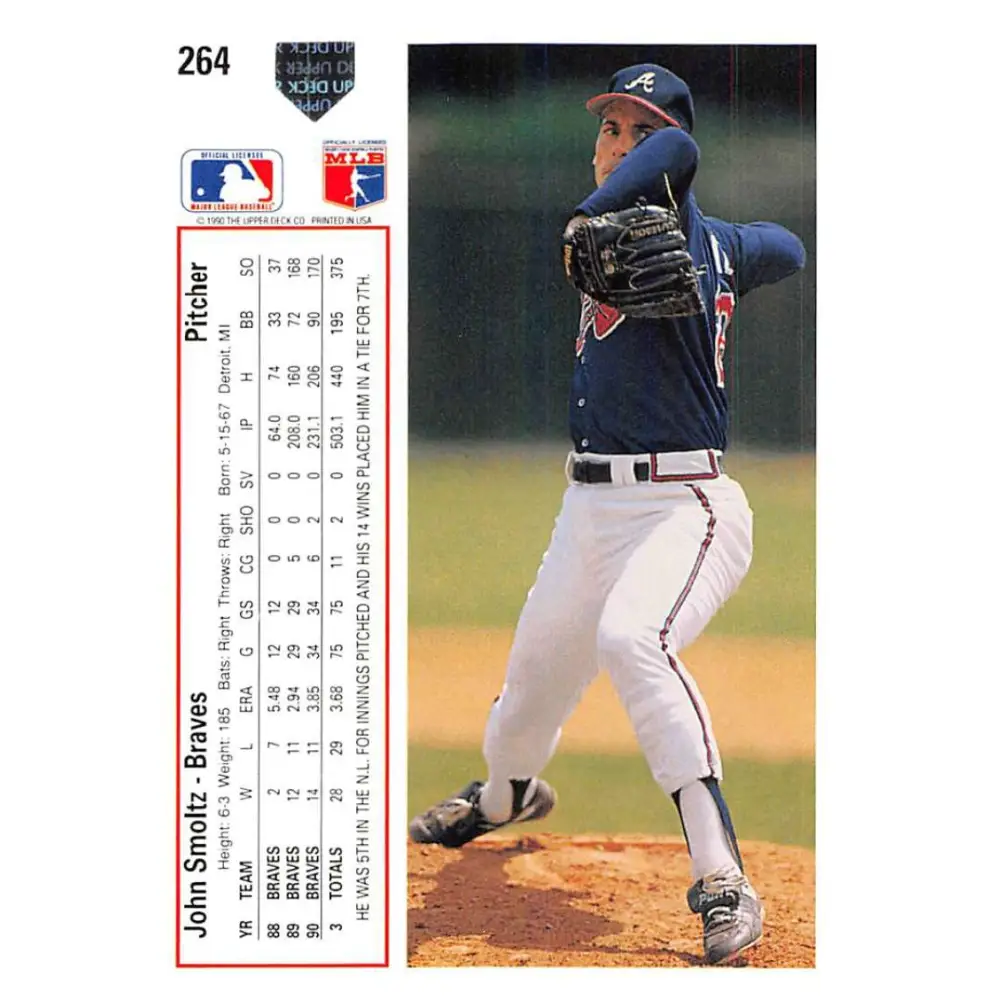 1991 Upper Deck #264 John Smoltz EX Excellent Atlanta Braves Baseball Card Image 2