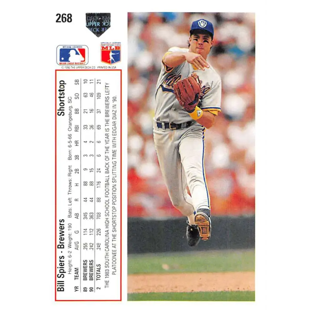 1991 Upper Deck #268 Bill Spiers EX Excellent Milwaukee Brewers Baseball Card Image 2